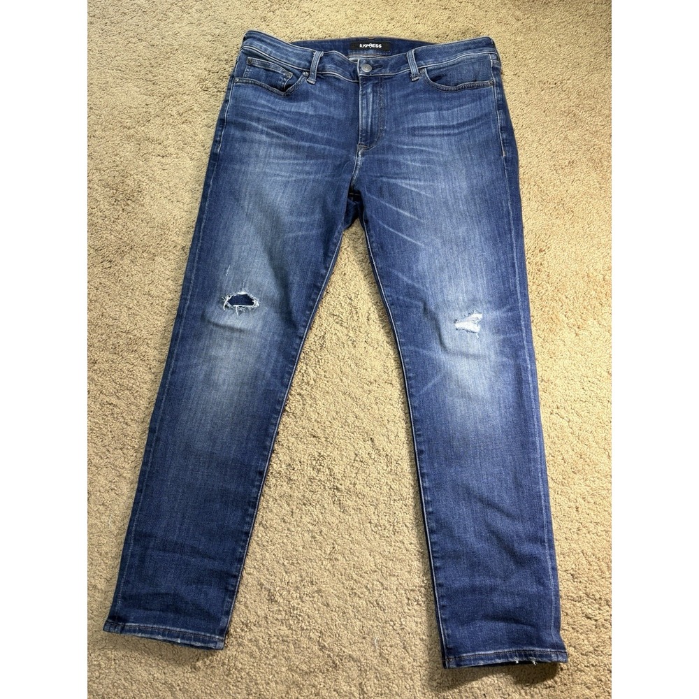 Express Hyper Stretch Skinny Women 34x30 Blue Distressed Denim High Rise Preppy